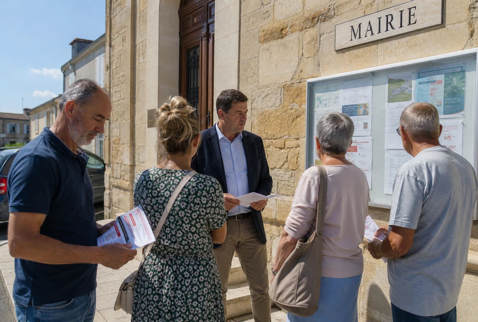 Des habitants discutent devant une mairie de Gironde autour d’affiches de prévention des incendies.
