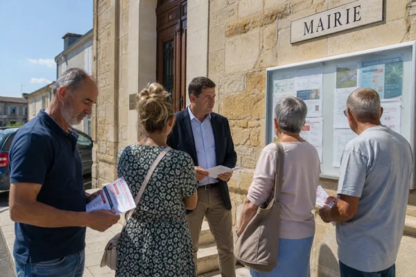 Des habitants discutent devant une mairie de Gironde autour d’affiches de prévention des incendies.