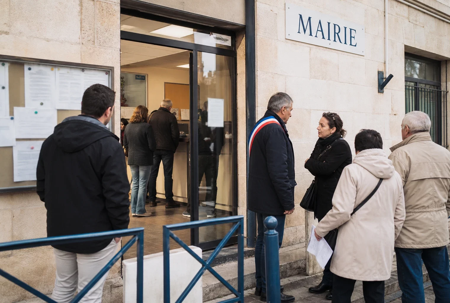 Des citoyens attendent devant une mairie française, dans une scène de service public liée à la tension à la frontière.