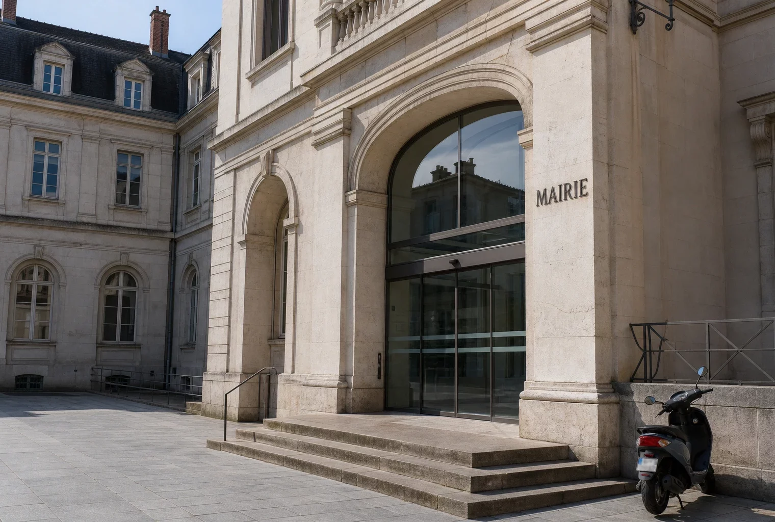 Façade d’une mairie de Grenoble en journée, avec entrée vide et ambiance institutionnelle calme.