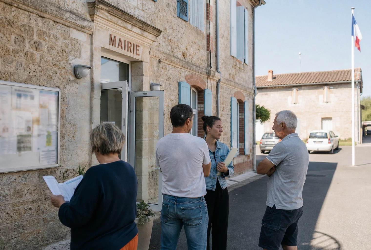 Des habitants discutent avec un agent municipal sur le parvis d’une mairie, en ambiance claire de préparation aux incendies.
