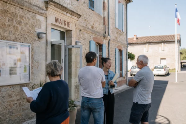 Des habitants discutent avec un agent municipal sur le parvis d’une mairie, en ambiance claire de préparation aux incendies.
