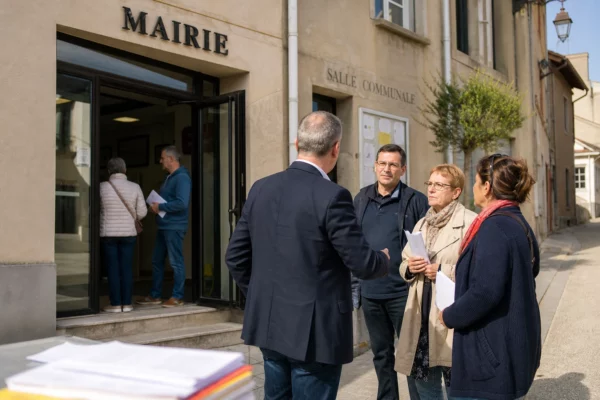 Des habitants échangent avec un élu local devant une mairie française, dans une ambiance calme et quotidienne.