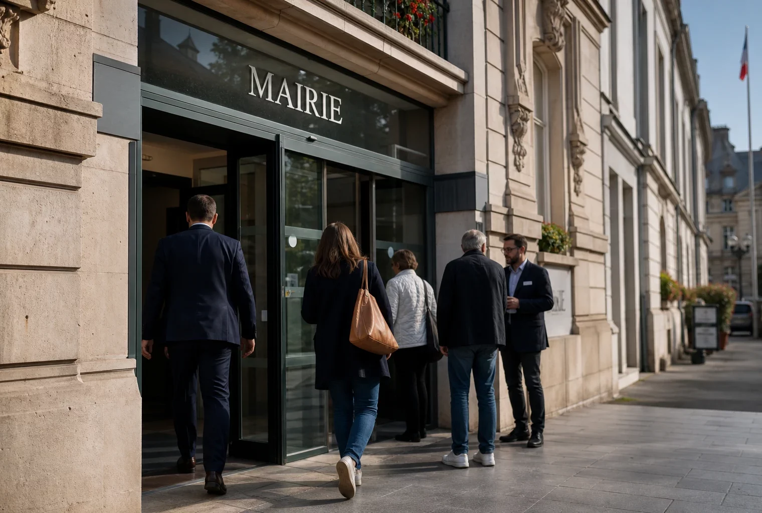 Des habitants échangent devant une mairie parisienne, dans une scène de vie citoyenne en lumière naturelle.