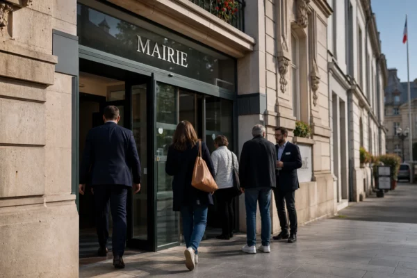 Des habitants échangent devant une mairie parisienne, dans une scène de vie citoyenne en lumière naturelle.