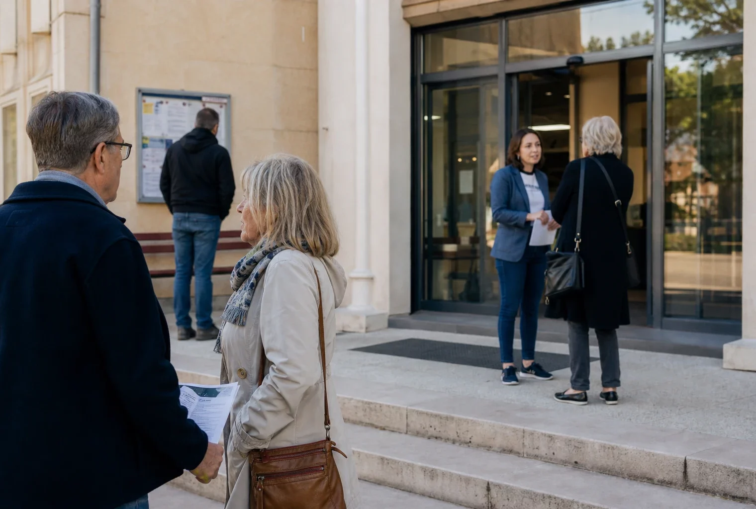 Des citoyens anonymes devant une mairie française, dans une scène de vie civique claire et réaliste.