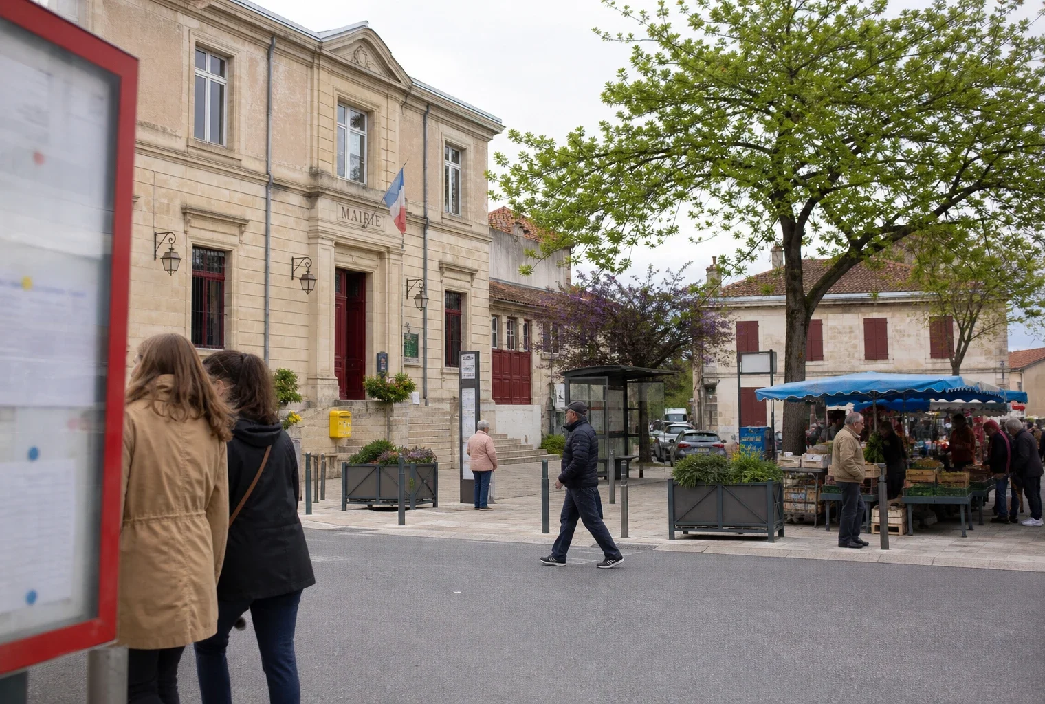 Place de mairie dans une ville moyenne française, avec passants anonymes et marché de quartier sous une lumière claire.