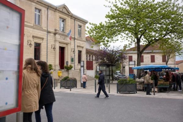 Place de mairie dans une ville moyenne française, avec passants anonymes et marché de quartier sous une lumière claire.