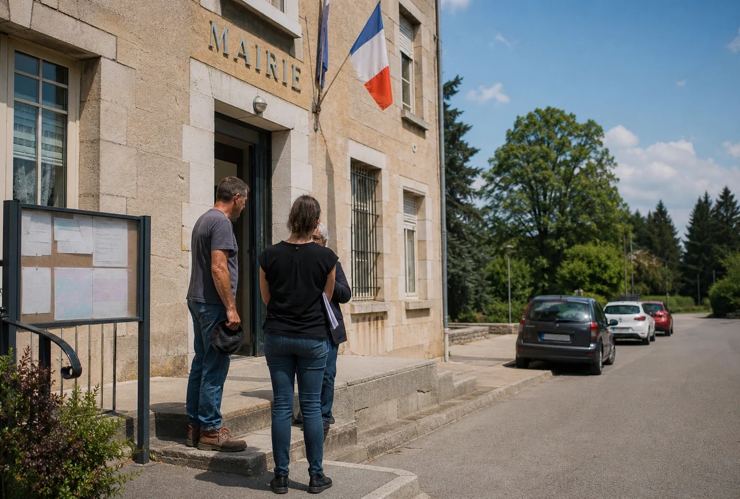 Des habitants discutent devant une mairie de village, dans une scène locale liée à la prévention des feux de forêt.