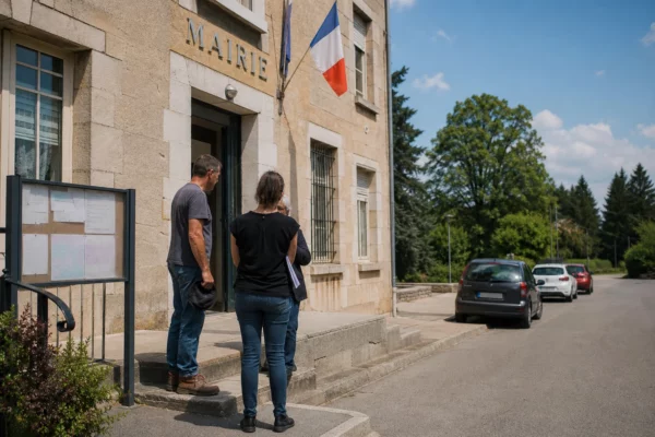 Des habitants discutent devant une mairie de village, dans une scène locale liée à la prévention des feux de forêt.