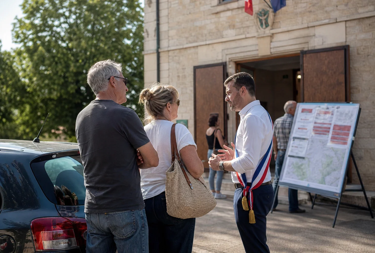 Des habitants échangent avec un élu devant une mairie de Gironde, dans une ambiance de prévention des incendies.