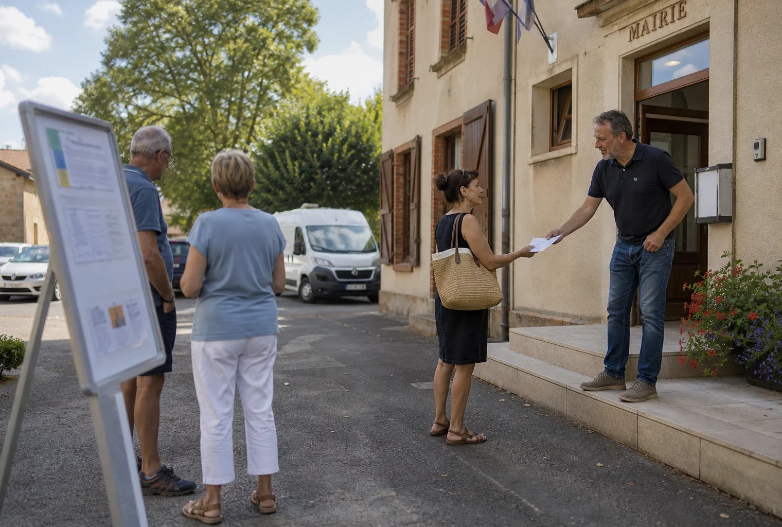 Des habitants discutent devant une mairie de village, dans une ambiance claire de prévention locale des incendies.