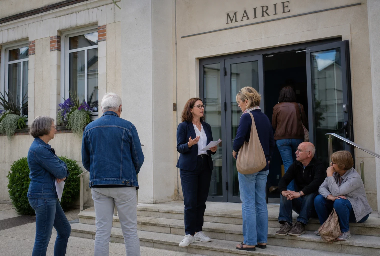 Des habitants échangent avec un agent municipal devant une mairie de proximité, sous une lumière claire de journée.