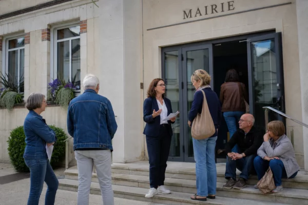 Des habitants échangent avec un agent municipal devant une mairie de proximité, sous une lumière claire de journée.