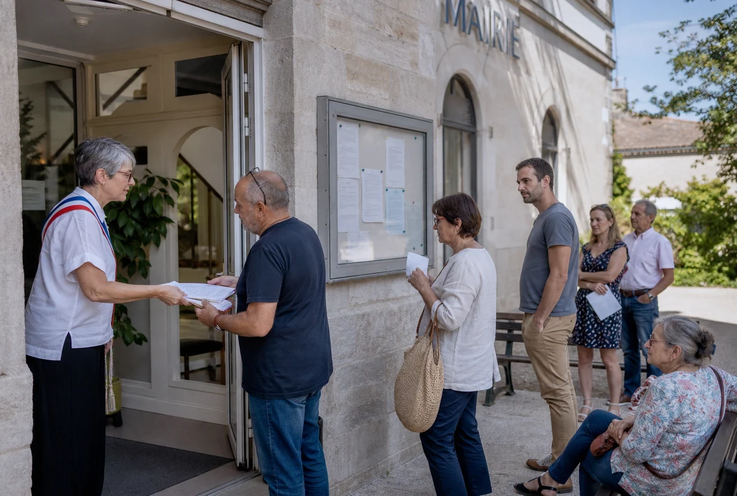 Des habitants échangent avec un élu local devant une mairie, dans une scène de proximité politique calme et lumineuse.