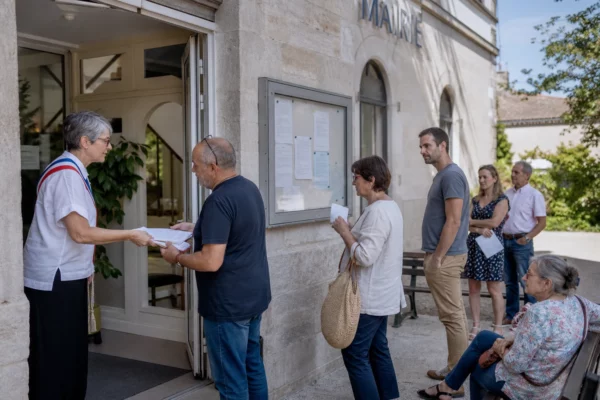 Des habitants échangent avec un élu local devant une mairie, dans une scène de proximité politique calme et lumineuse.