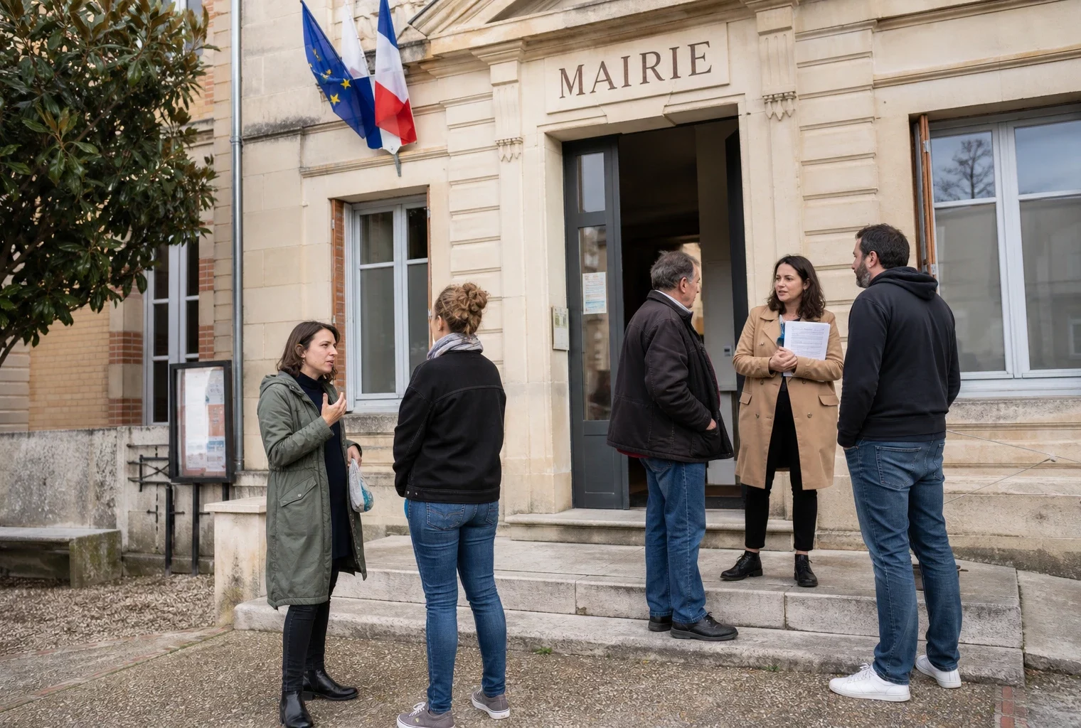 Des habitants discutent devant la mairie d’une petite ville, dans une scène de proximité civique en lumière naturelle.