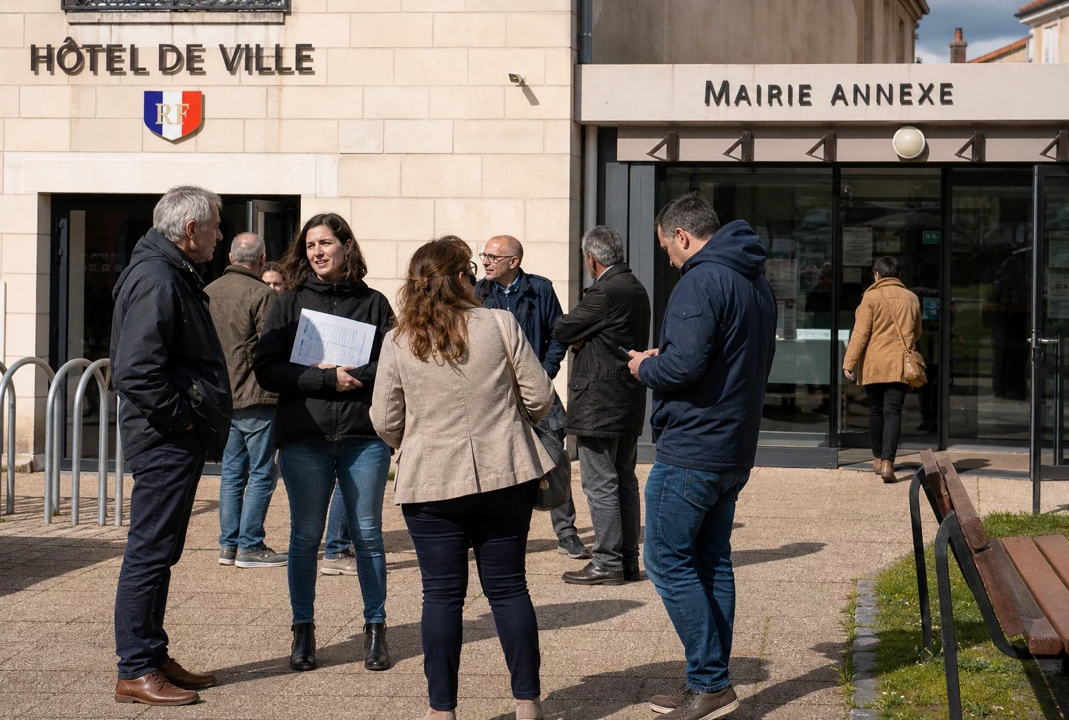 Des habitants et élus locaux échangent devant une mairie française, dans une scène de vie civique claire et naturelle.