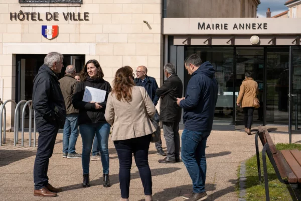 Des habitants et élus locaux échangent devant une mairie française, dans une scène de vie civique claire et naturelle.