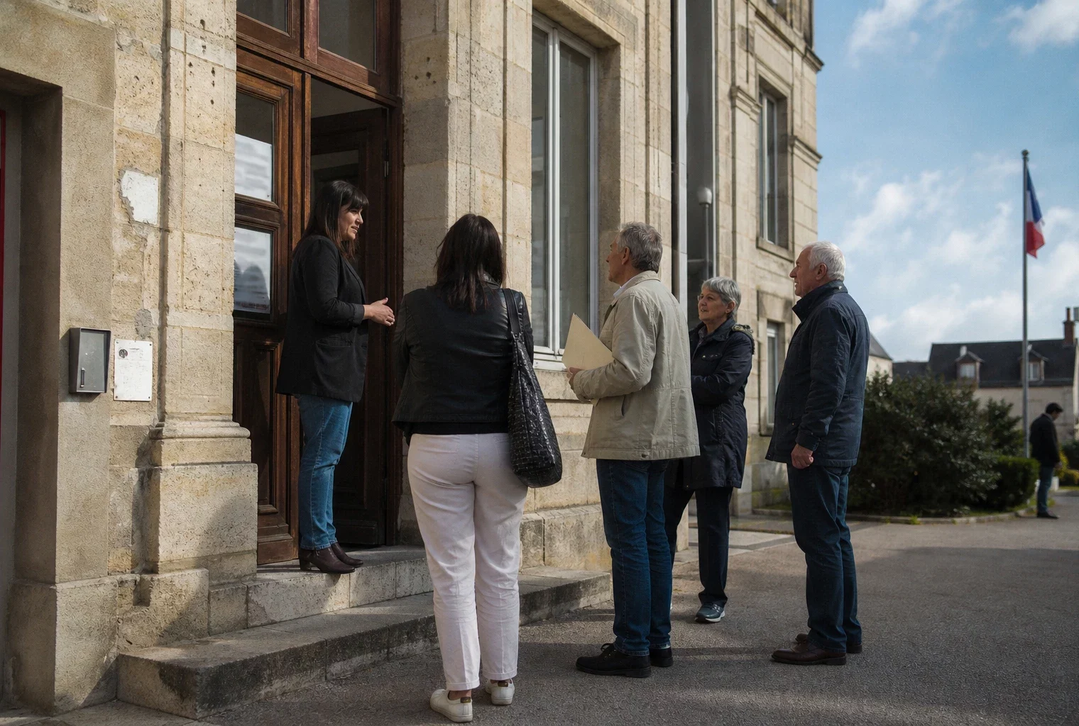 Citoyens anonymes devant une mairie française, dans une scène de vie civique liée au débat sur l’aide à mourir