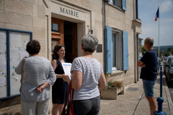 Des habitants parlent devant la mairie d’une petite commune, avec un document d’évacuation flou et une ambiance de journée claire.