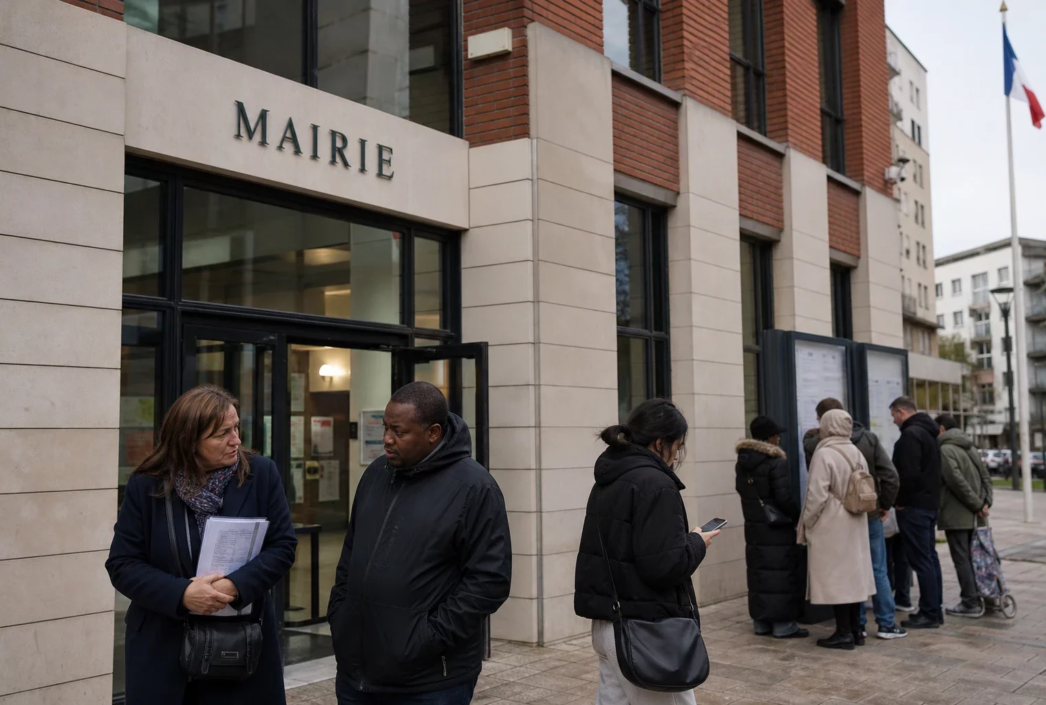 Des habitants attendent et échangent devant la mairie de Saint-Denis, dans une ambiance de service public clair.
