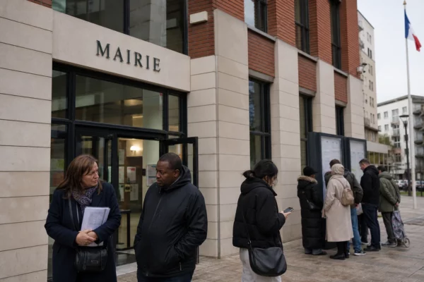 Des habitants attendent et échangent devant la mairie de Saint-Denis, dans une ambiance de service public clair.