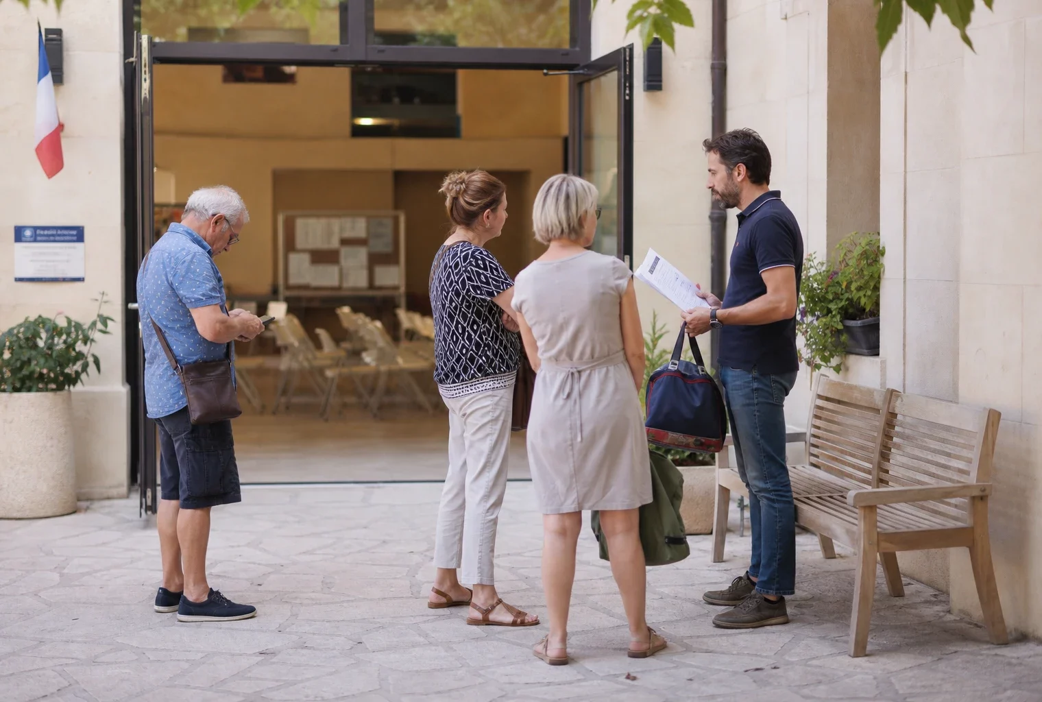 Des habitants attendent devant une mairie après une alerte incendie, dans une scène de reportage civique en lumière naturelle.