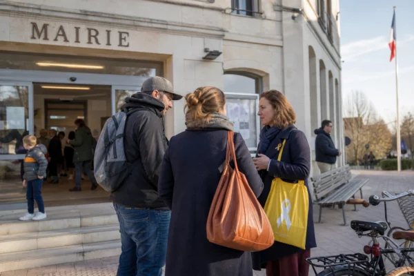 Devant une mairie de village, des habitants échangent autour d’un projet de solidarité pour les familles touchées par le cancer.