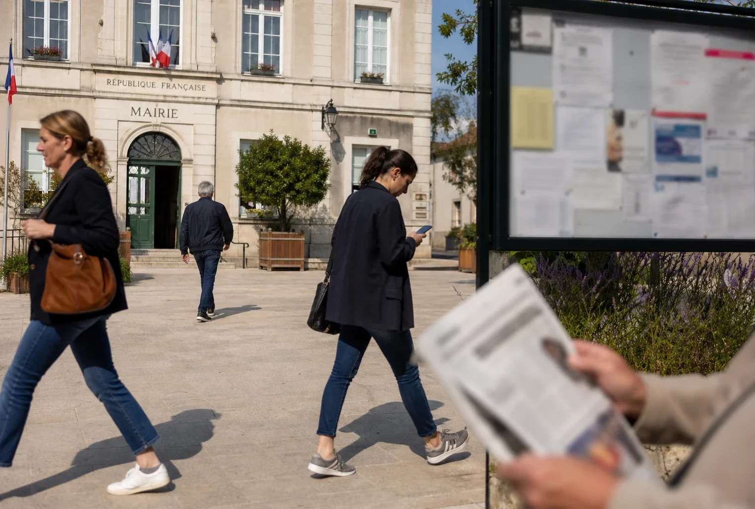 Des passants anonymes devant une mairie française, avec notice floue et journal plié, dans une ambiance civique calme.