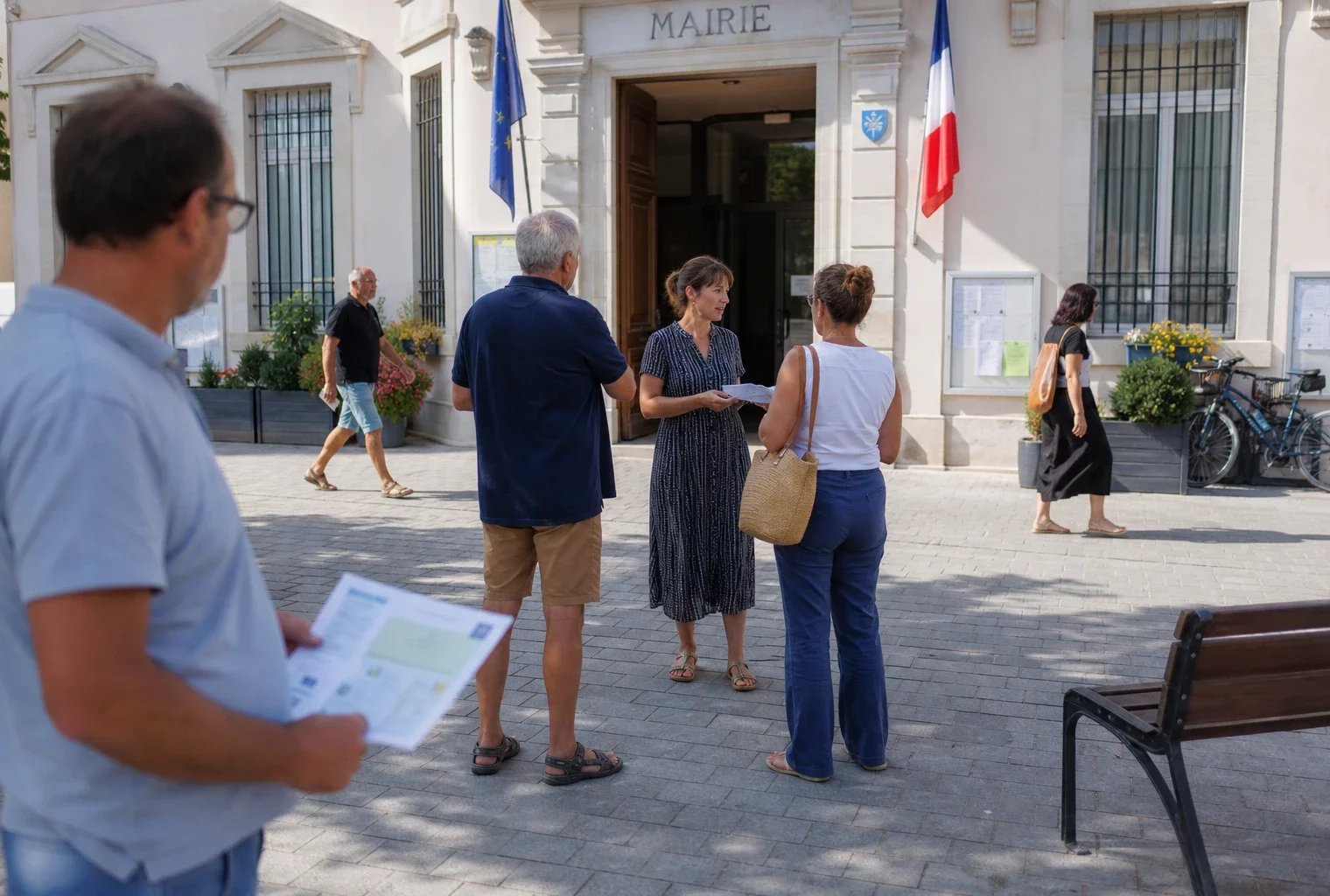 Des habitants échangent devant une mairie de ville moyenne, dans une scène locale claire et réaliste.