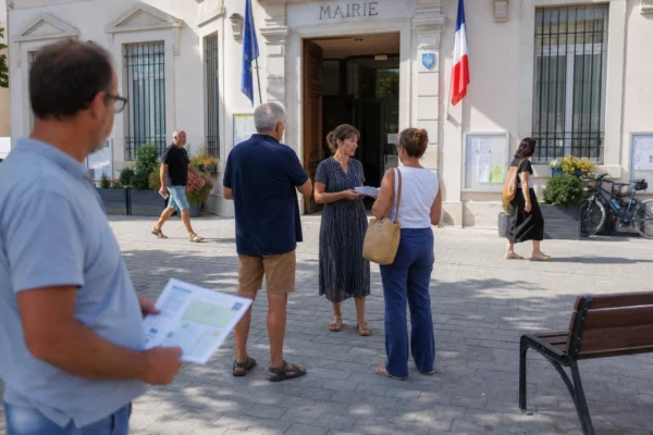 Des habitants échangent devant une mairie de ville moyenne, dans une scène locale claire et réaliste.