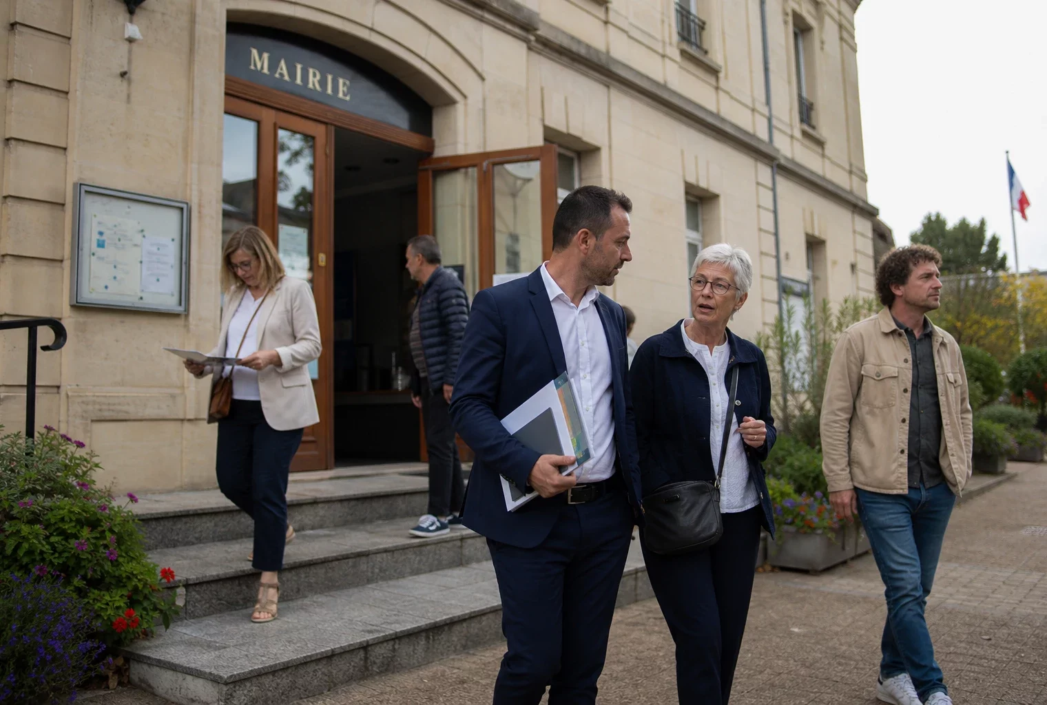Des citoyens et élus anonymes devant une mairie française, dans une scène de vie civique en lumière naturelle.
