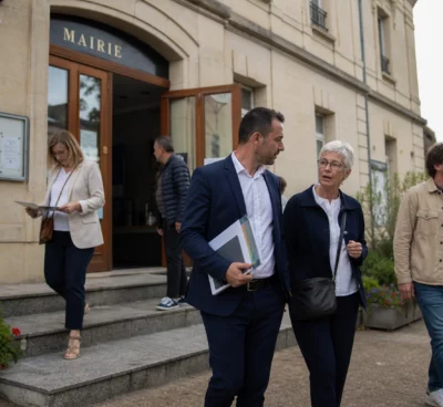 Des citoyens et élus anonymes devant une mairie française, dans une scène de vie civique en lumière naturelle.