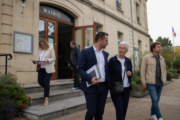 Des citoyens et élus anonymes devant une mairie française, dans une scène de vie civique en lumière naturelle.