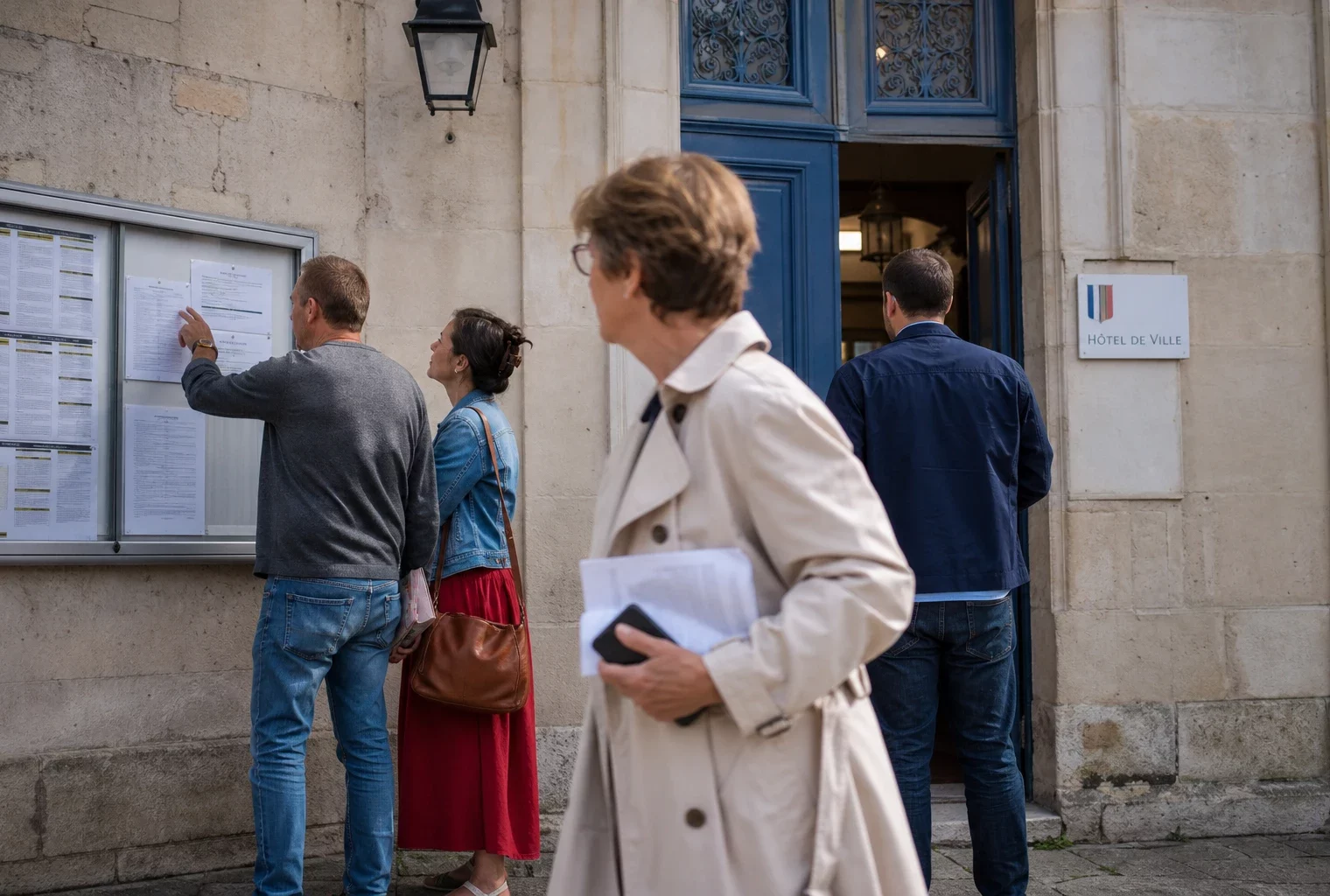 Des passants anonymes discutent devant une mairie française, près d’un panneau d’information public.