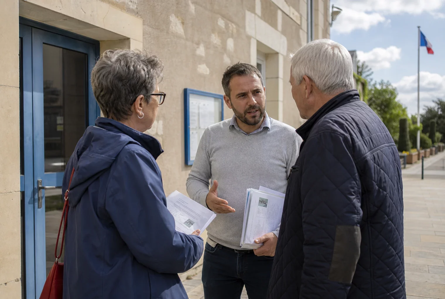 Des habitants échangent avec un agent municipal devant une mairie de village en pleine journée, dans une scène de proximité.