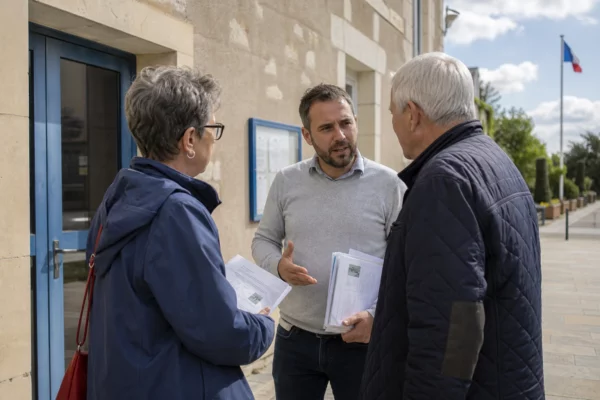 Des habitants échangent avec un agent municipal devant une mairie de village en pleine journée, dans une scène de proximité.