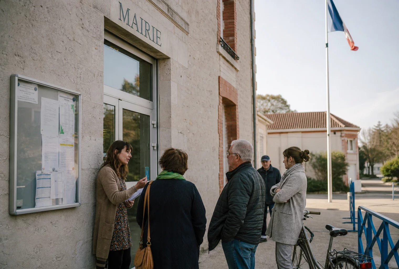Des habitants attendent devant une mairie de province, dans une scène de vie citoyenne lumineuse et réaliste.