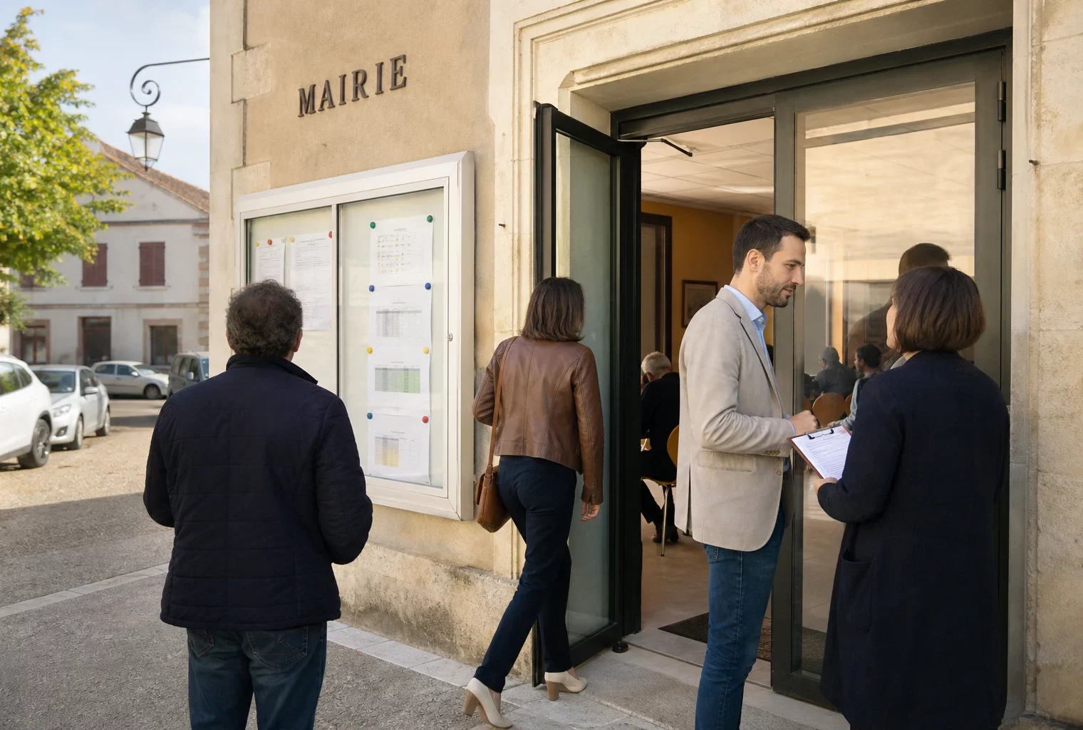 Des citoyens anonymes échangent devant une mairie française, dans une ambiance de vie citoyenne locale et lumineuse.
