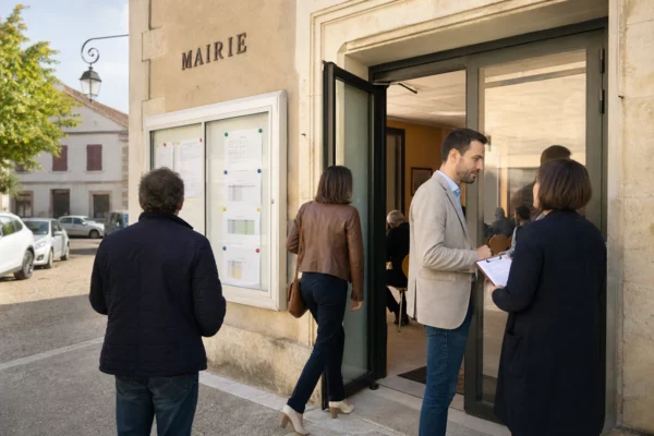 Des citoyens anonymes échangent devant une mairie française, dans une ambiance de vie citoyenne locale et lumineuse.