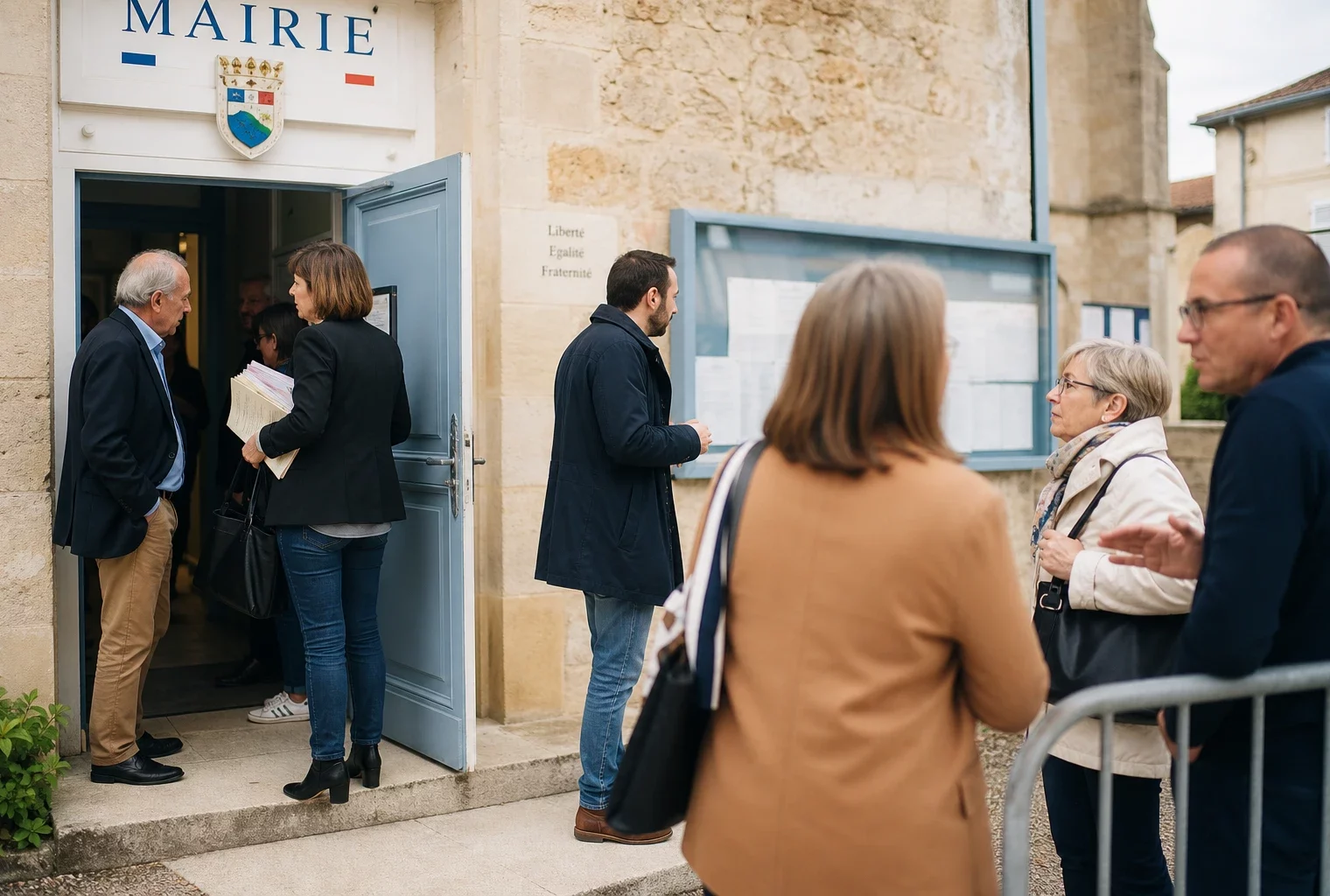 Des habitants anonymes devant une mairie, dans une scène civique locale lumineuse et naturelle