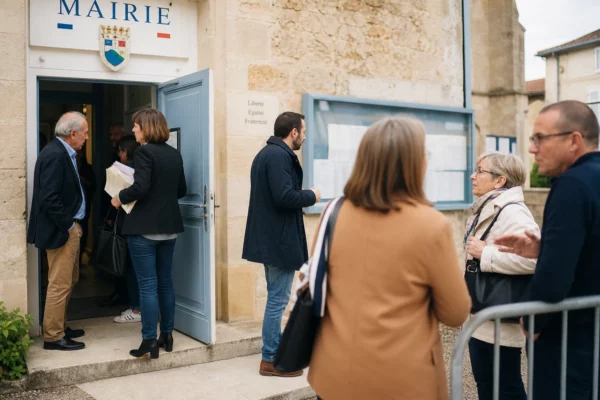 Des habitants anonymes devant une mairie, dans une scène civique locale lumineuse et naturelle