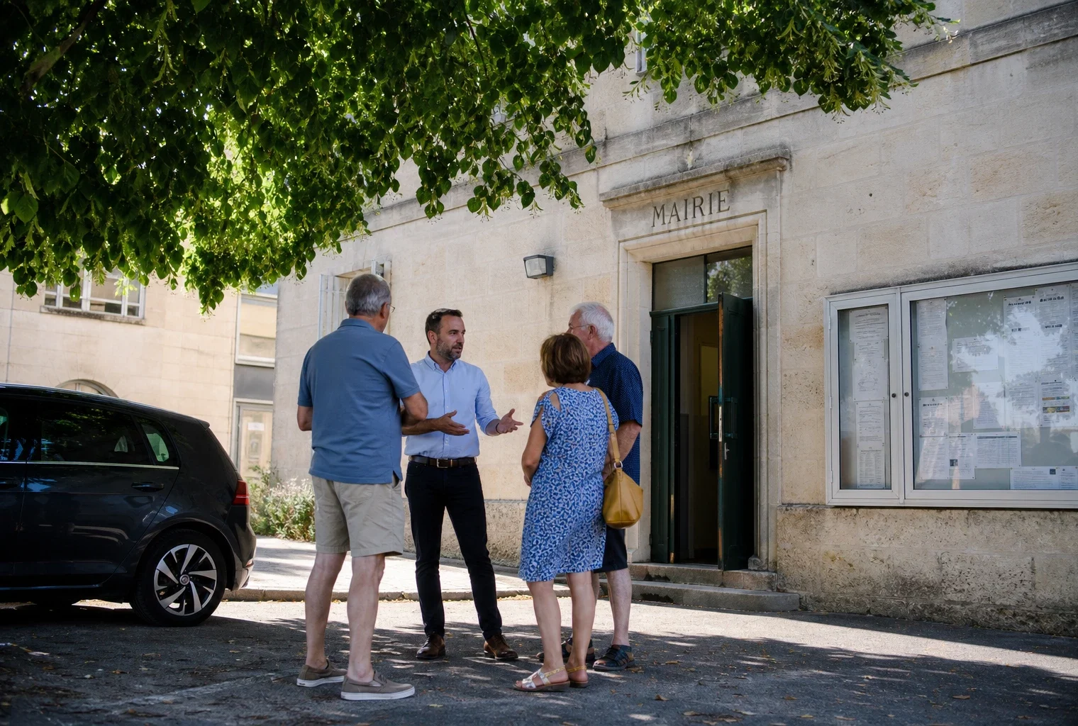 Des habitants échangent avec un élu devant une mairie de village en Gironde, dans une ambiance de crise calme et lumineuse.