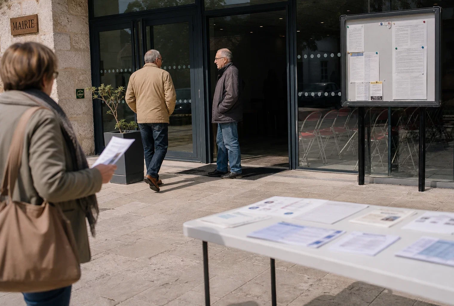 Des habitants anonymes entrent dans une mairie de ville moyenne, sur une place claire, pour un rendez-vous politique local.