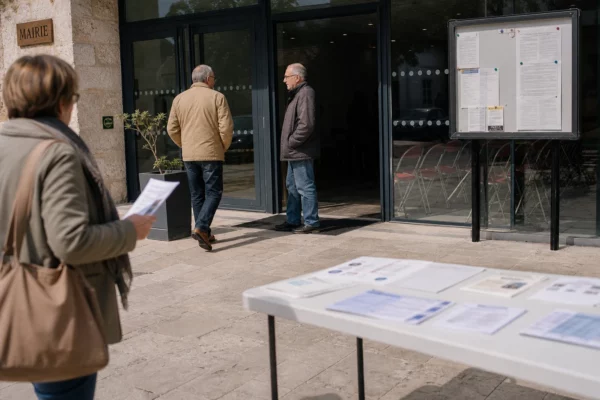 Des habitants anonymes entrent dans une mairie de ville moyenne, sur une place claire, pour un rendez-vous politique local.