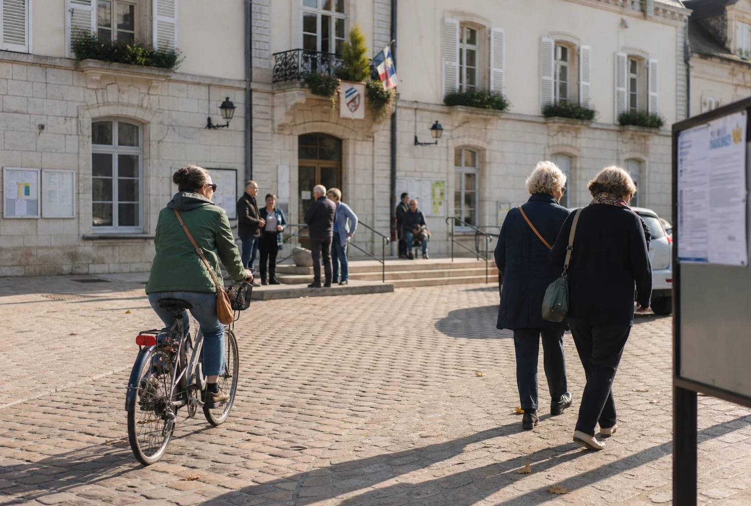 Place de mairie en ville moyenne française avec passants anonymes et façade municipale en arrière-plan.