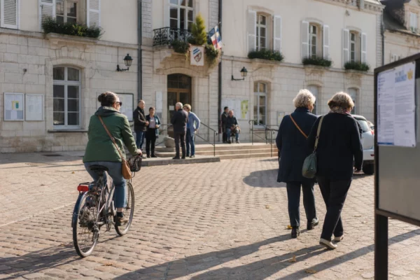 Place de mairie en ville moyenne française avec passants anonymes et façade municipale en arrière-plan.