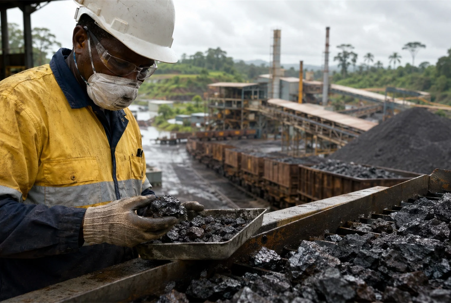 Un ouvrier inspecte du minerai de manganèse dans un site industriel au Gabon, avec convoyeurs, wagons et installations de transformation en arrière-plan.