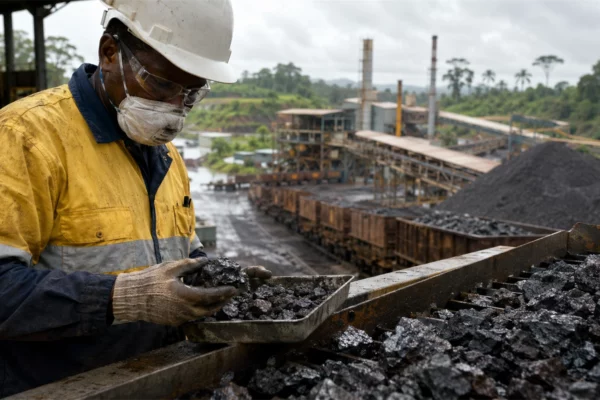 Un ouvrier inspecte du minerai de manganèse dans un site industriel au Gabon, avec convoyeurs, wagons et installations de transformation en arrière-plan.